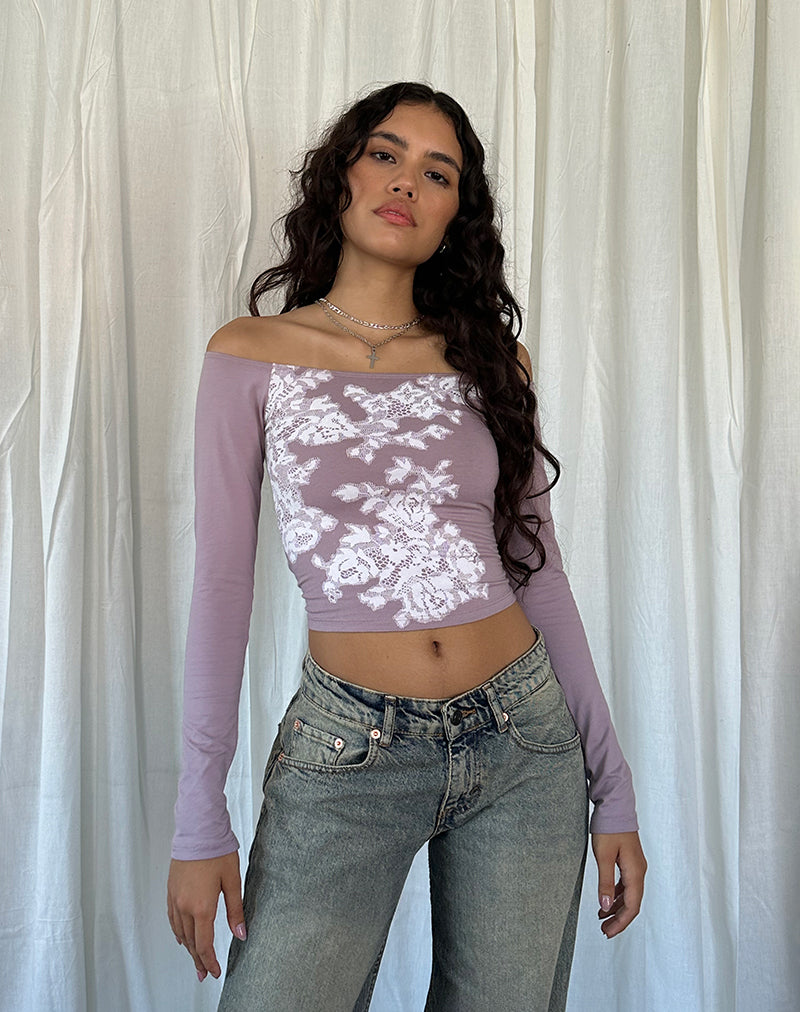 Nauby Bardot-Top mit langen Ärmeln und floraler Spitze in Hellmauve