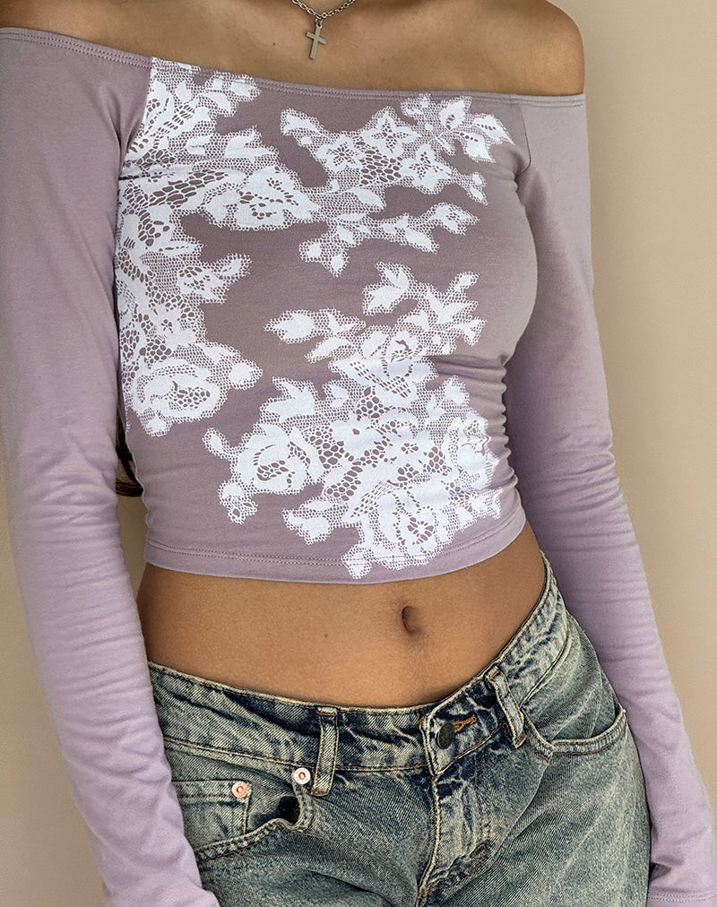 Image of Nauby Bardot-Top mit langen Ärmeln und floraler Spitze in Hellmauve