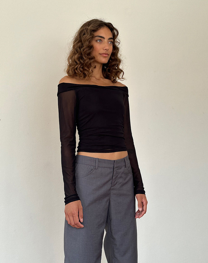 Image of Nauri Langärmeliges Bardot-Top aus Mesh Schwarz