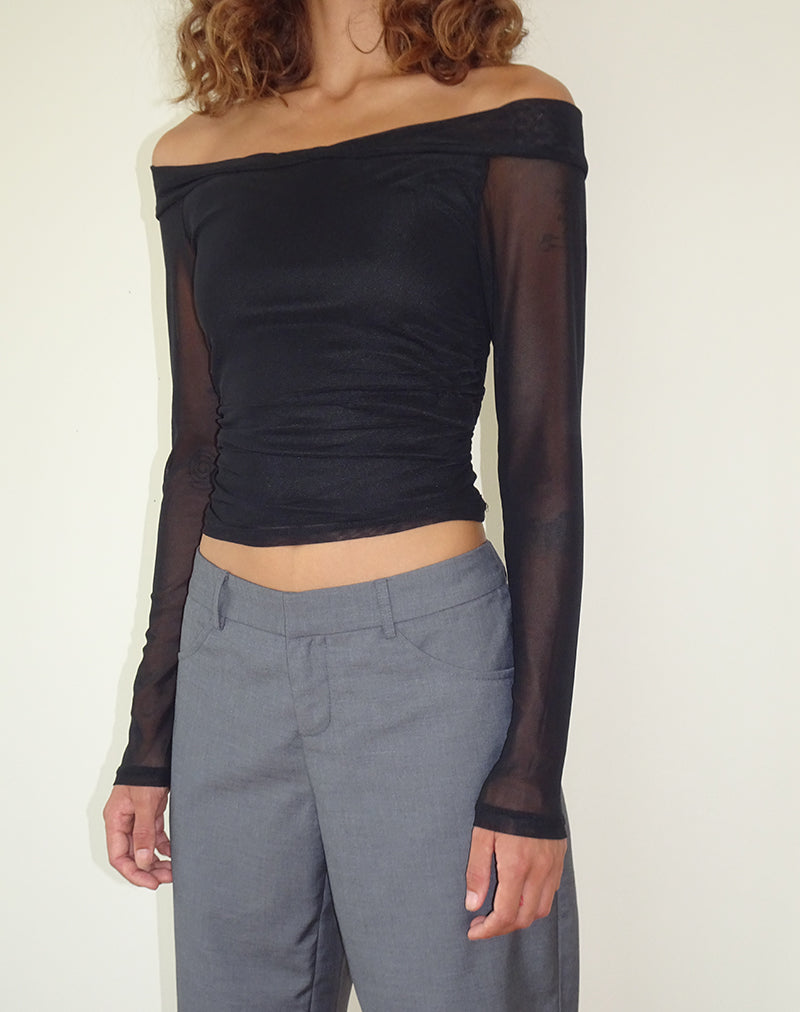 Nauri Langärmeliges Bardot-Top aus Mesh Schwarz
