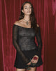 Image of Neira Bardot-Top mit langen Ärmeln aus Mesh in Schwarz Abstrakter Blumenflock