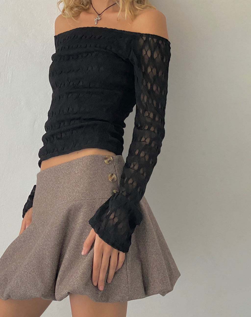 Neira Langärmeliges Bardot-Top aus strukturiertem Strick Schwarz