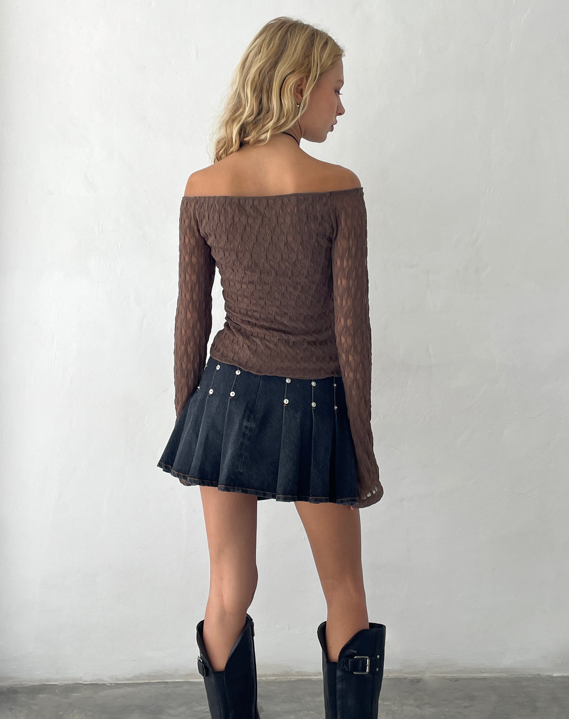 Image of Neira Langärmeliges Bardot-Top aus strukturiertem Strick Mocha