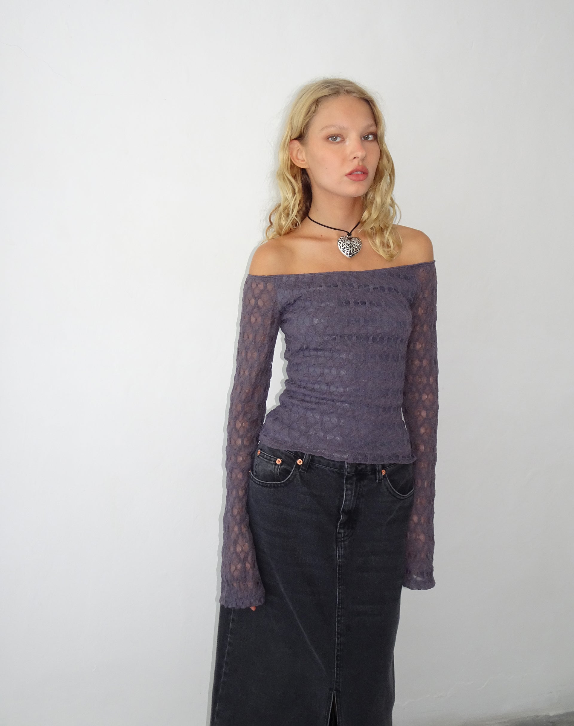 Image of Neira Langärmeliges Bardot-Top aus strukturiertem Strick Ocean Storm