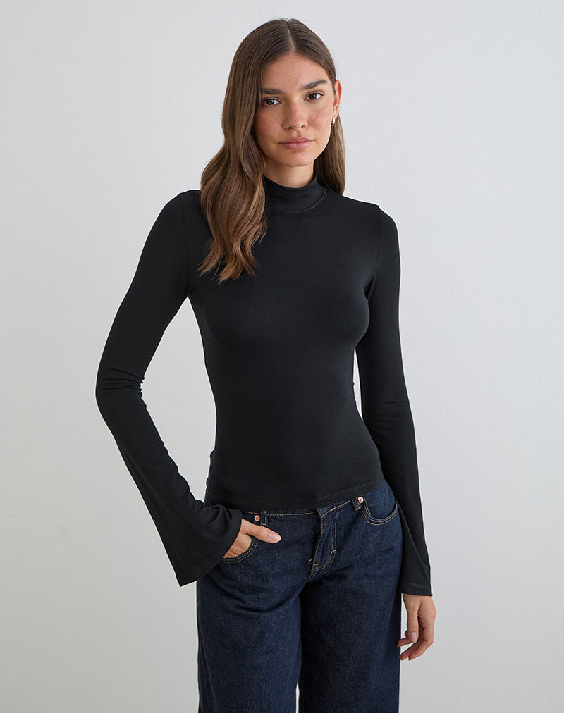 Bild von Nell High Neck Long Sleeve Top aus Rayon-Jersey in Schwarz