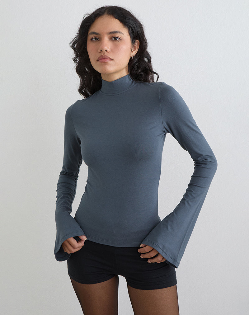 Bild von Nell High Neck Long Sleeve Top in Jersey Ocean Storm