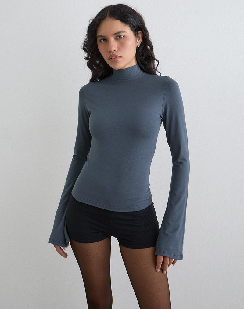 Bild von Nell High Neck Long Sleeve Top in Jersey Ocean Storm