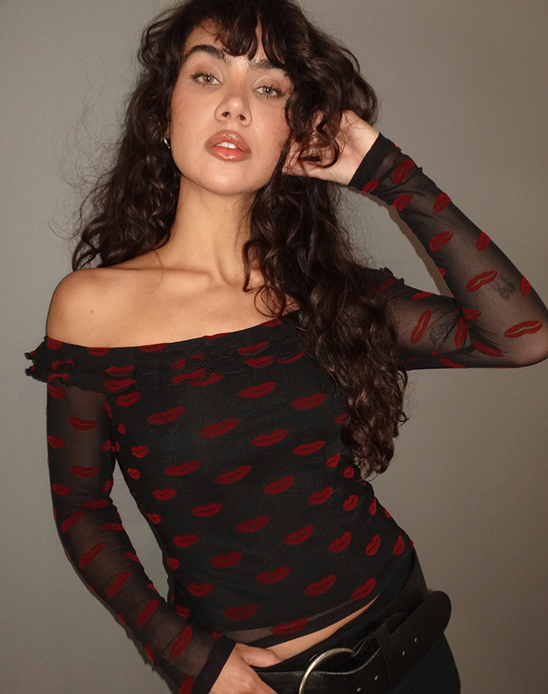 Image of Nihal Rüschen-Bardot-Top in Lippenflocke Schwarz