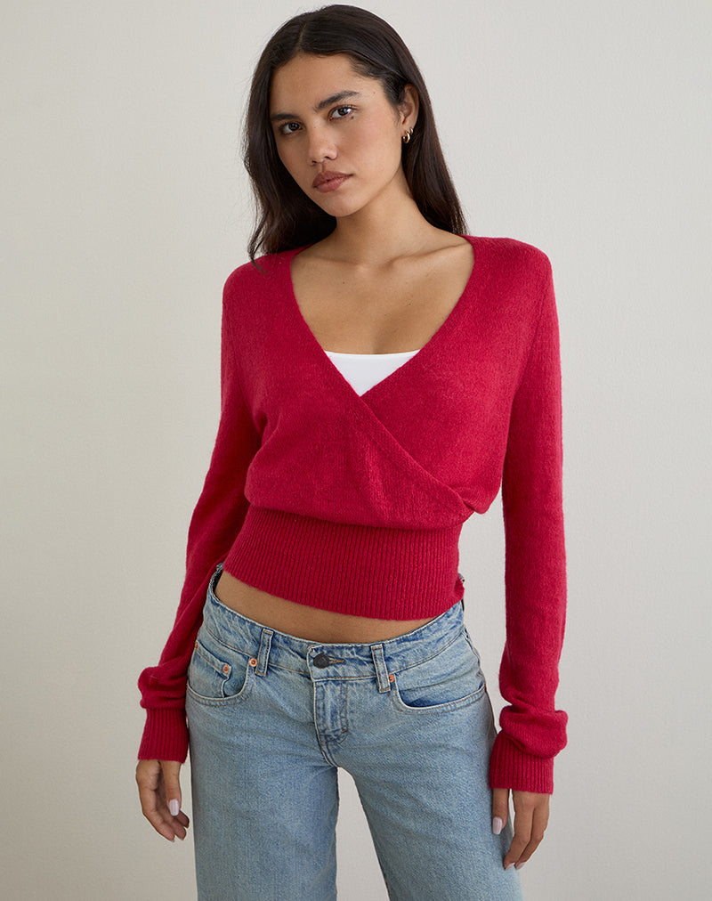 Nilza Wickeloberteil in Rot gestrickt