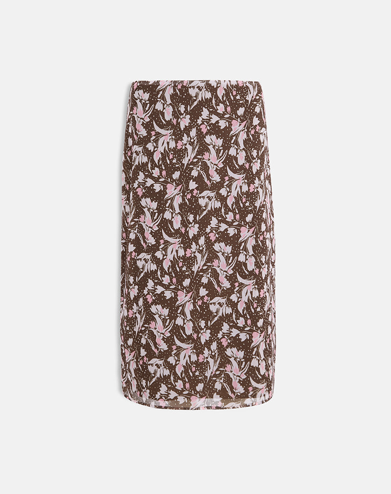 Image of Nimas Midirock aus braunem und rosa Polka-Blumen-Chiffon