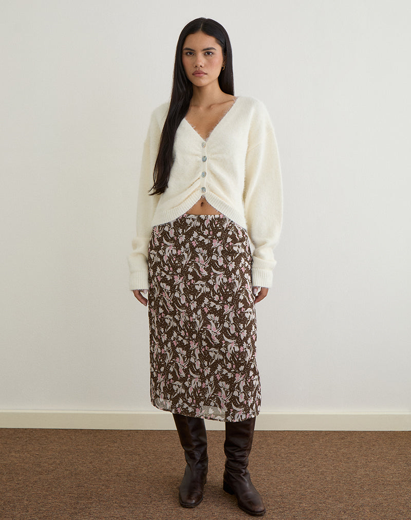 Image of Nimas Midirock aus braunem und rosa Polka-Blumen-Chiffon