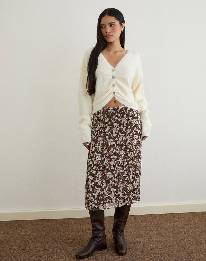Nimas Midirock aus braunem und rosa Polka-Blumen-Chiffon