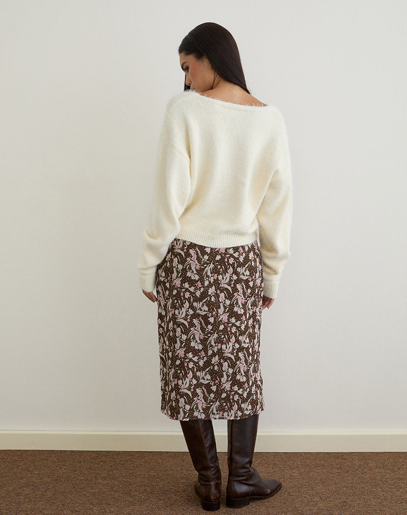 Image of Nimas Midirock aus braunem und rosa Polka-Blumen-Chiffon