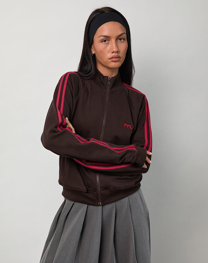 Niskala Jacke in Bitter Chocolate mit Adrenaline Red Binding und Stickerei