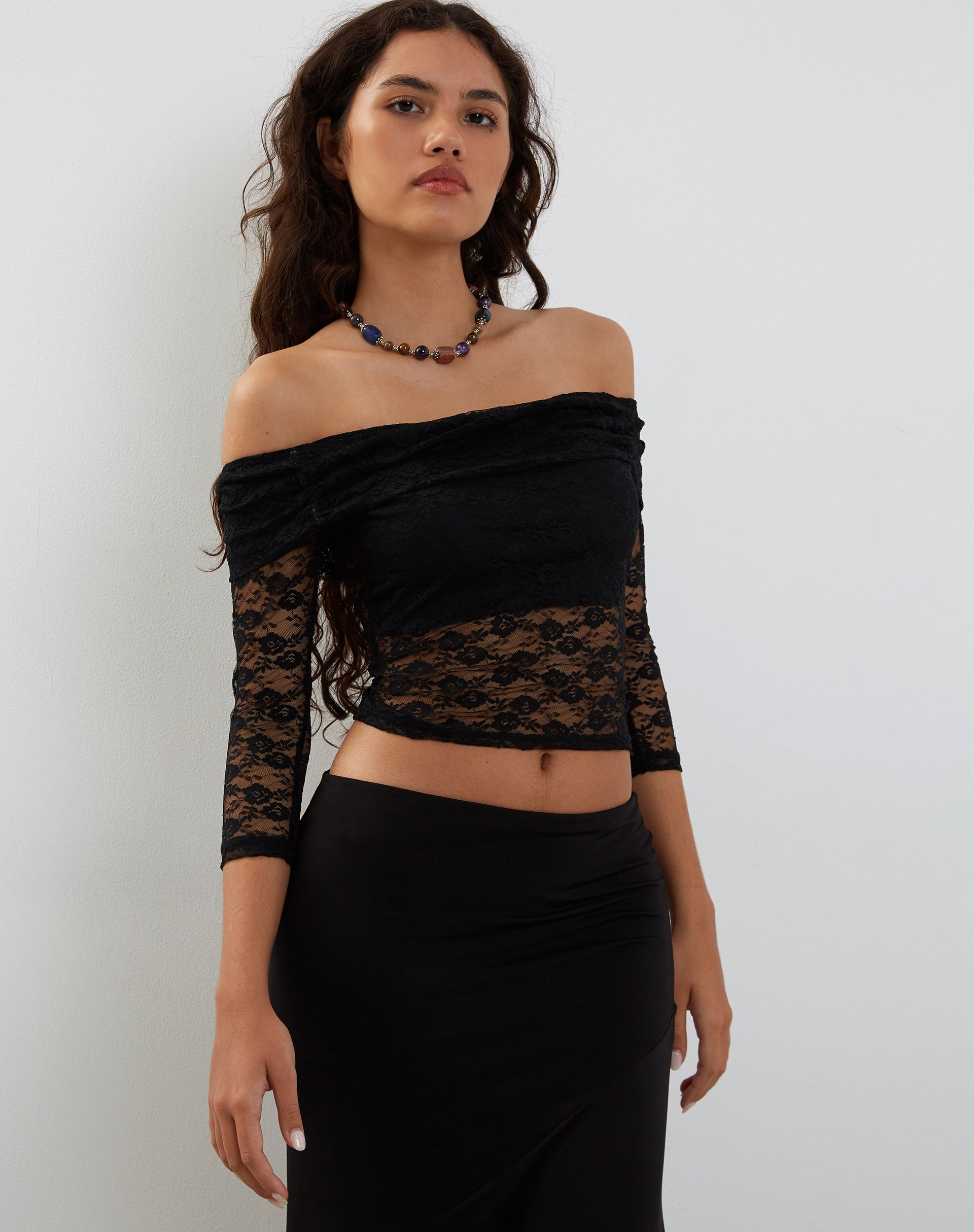 Image of Nixie Langärmeliges Bardot-Top aus Spitze Schwarz
