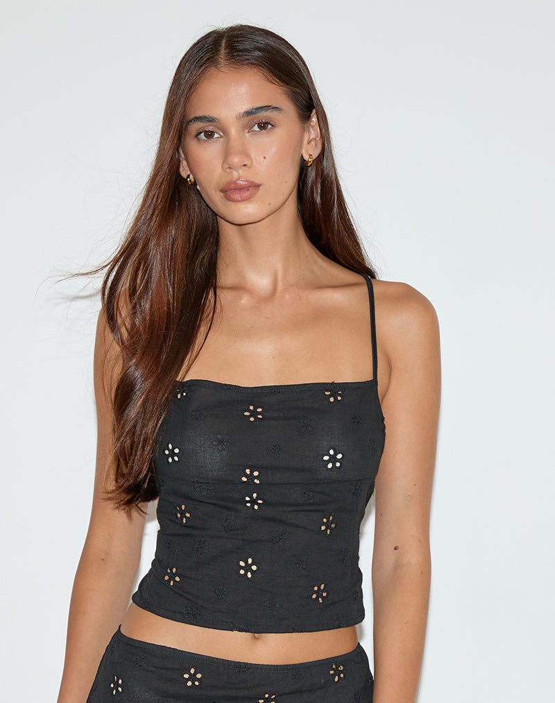 Image of Nobita Cami Top aus Blumenbroderie Schwarz