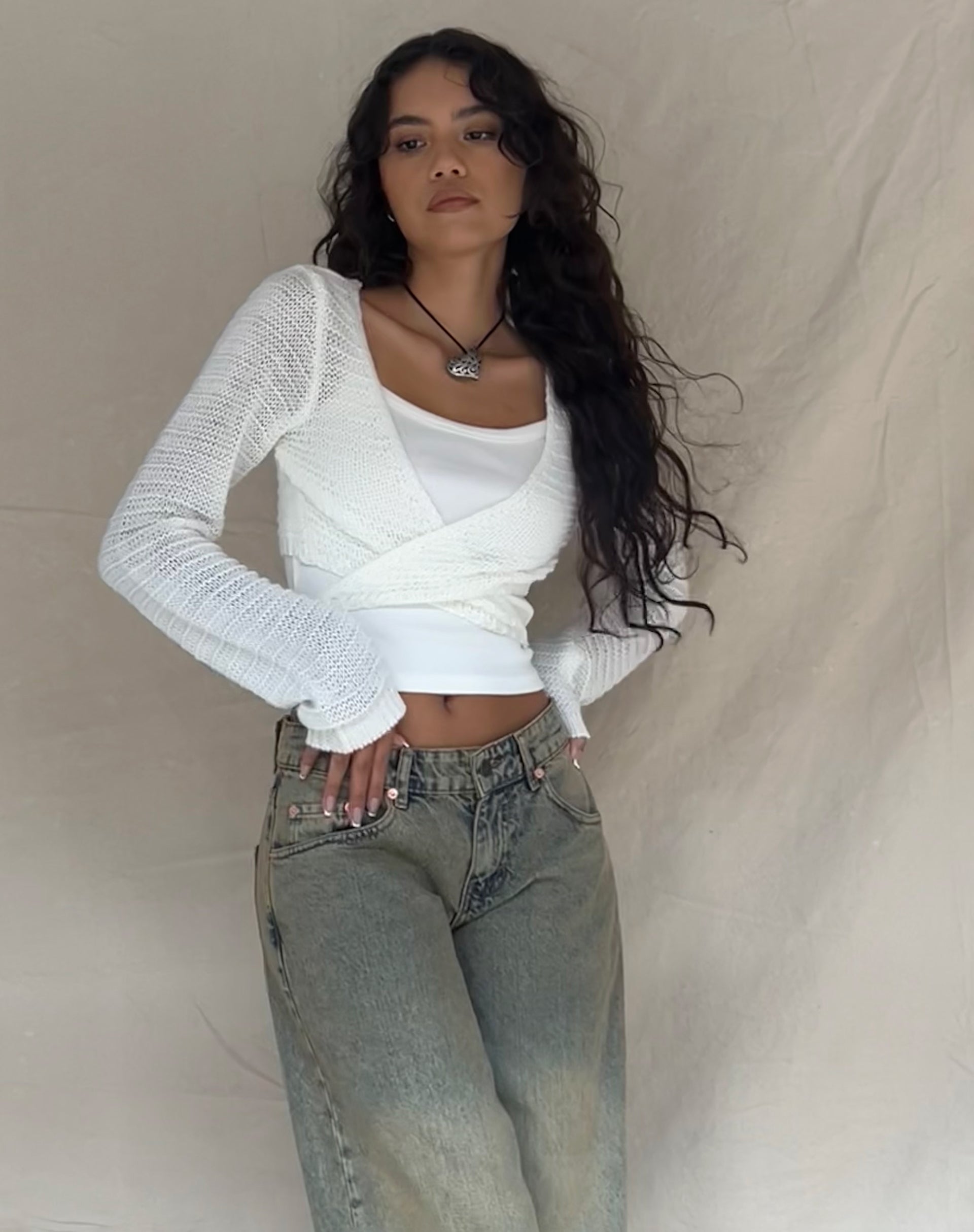 Image of Nocta Langarm-Crop-Top aus Webstrick Elfenbein