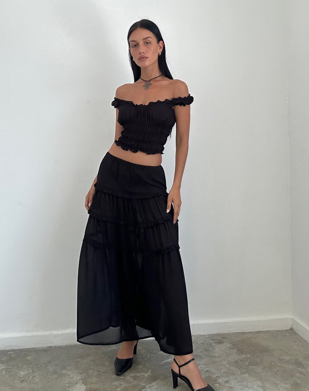 Norah Maxirock mit Stufen aus schwarzem Chiffon