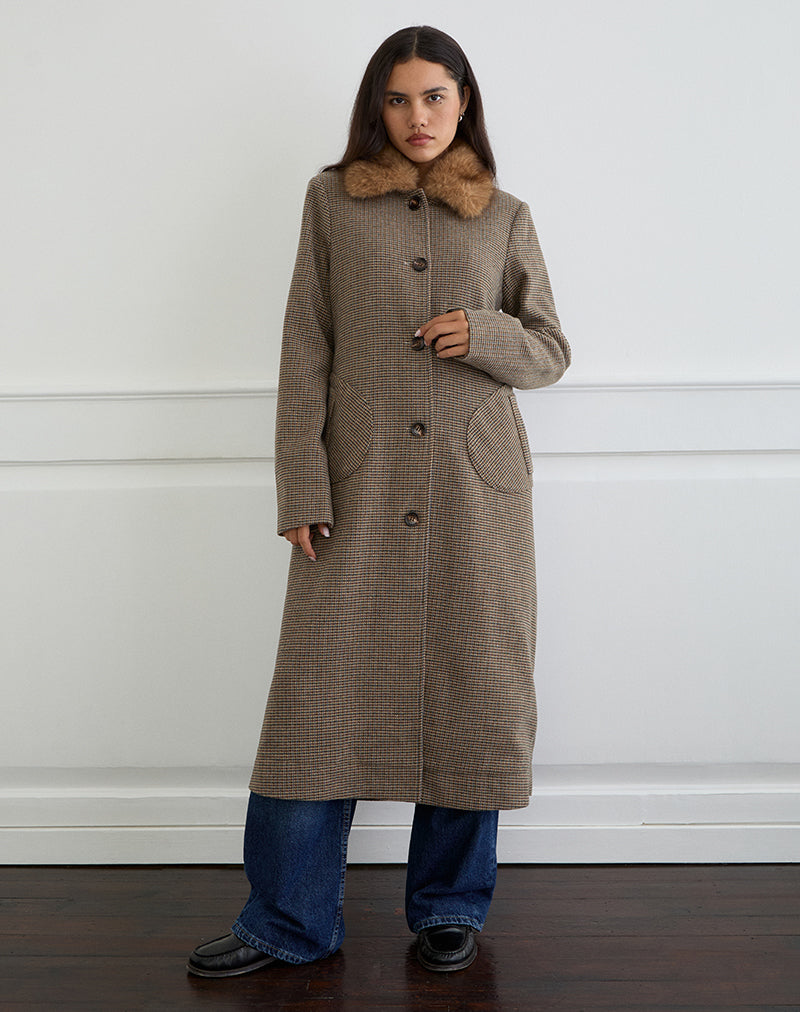 Image of Norciel Longline Mantel in Karo Braun mit Fellkragen