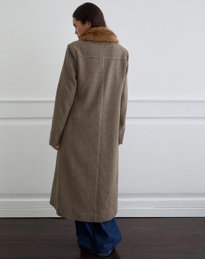 Image of Norciel Longline Mantel in Karo Braun mit Fellkragen