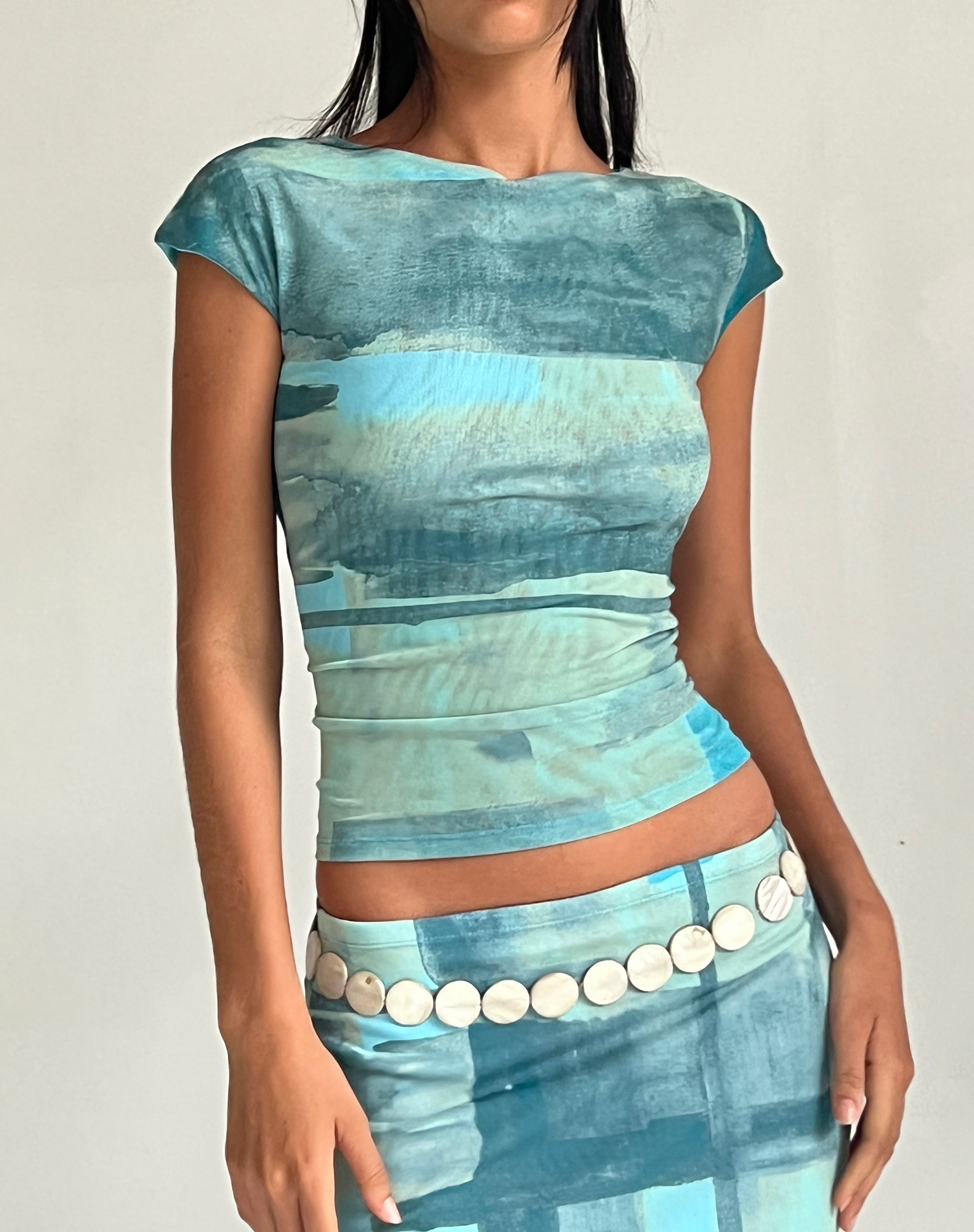 Bild von MOTEL X JACQUIE Nova Top in Mesh Grün und Blau Abstrakte Farbe Pinsel