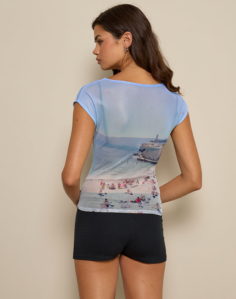 Image of Nova Top aus bedrucktem Mesh Cote D'Azur Blau Grafik