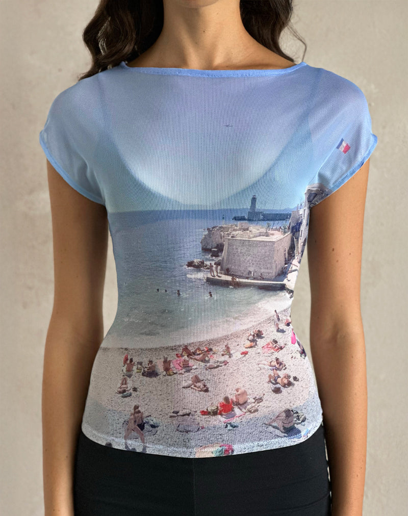 Nova Top aus bedrucktem Mesh Cote D'Azur Blau Grafik