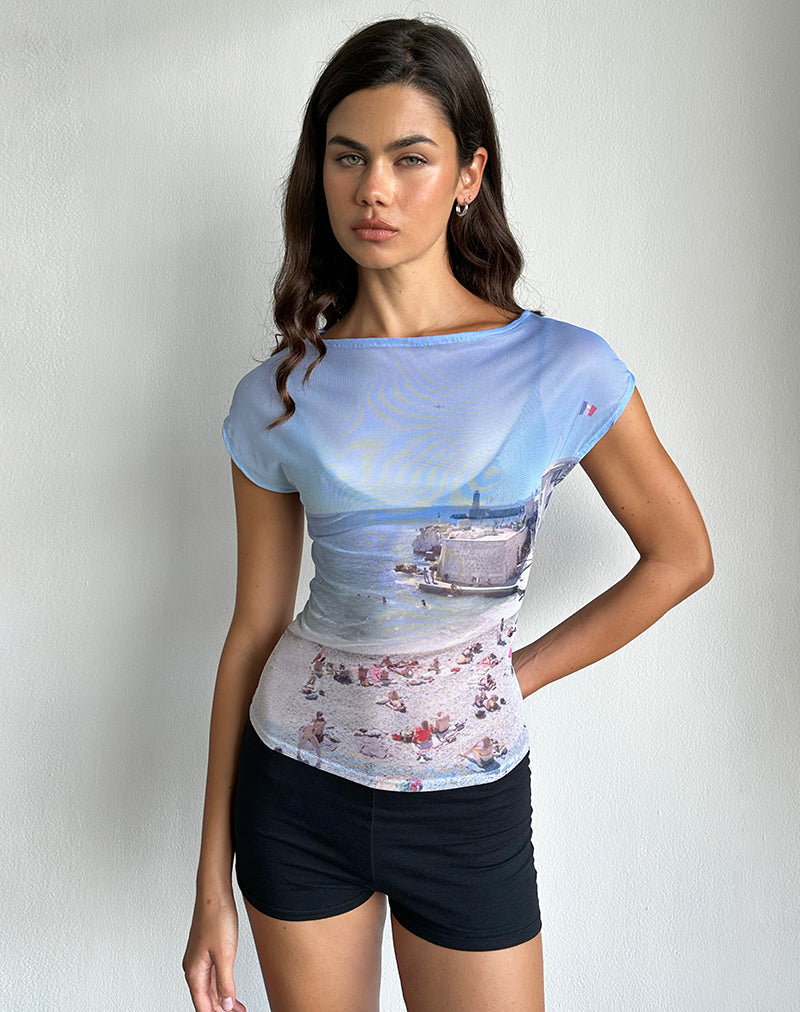 Image of Nova Top aus bedrucktem Mesh Cote D'Azur Blau Grafik