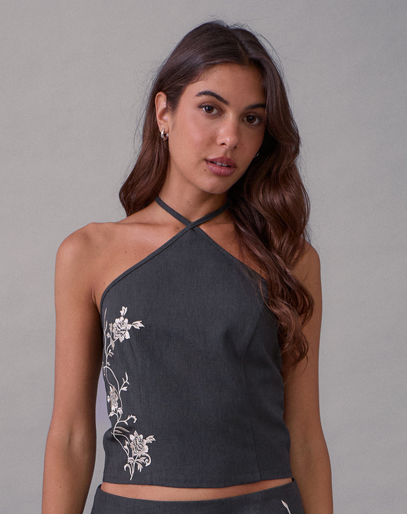 Image of Novin Top in Vine Flower Embroidered Dark Charcoal