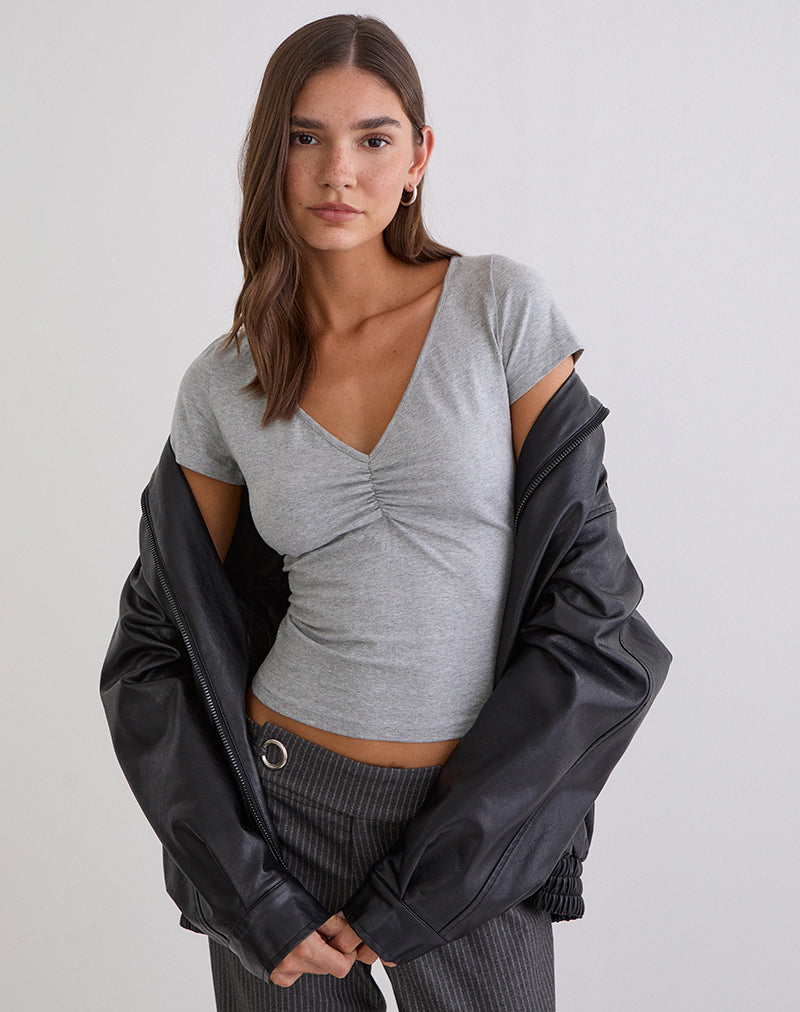 Obanai Kurzarm-Oberteil mit V-Ausschnitt in Grau meliert