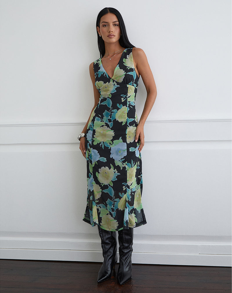 Bild des Olydia Midi-Kleids aus schwarzem Chiffon mit Kristallblumenprint