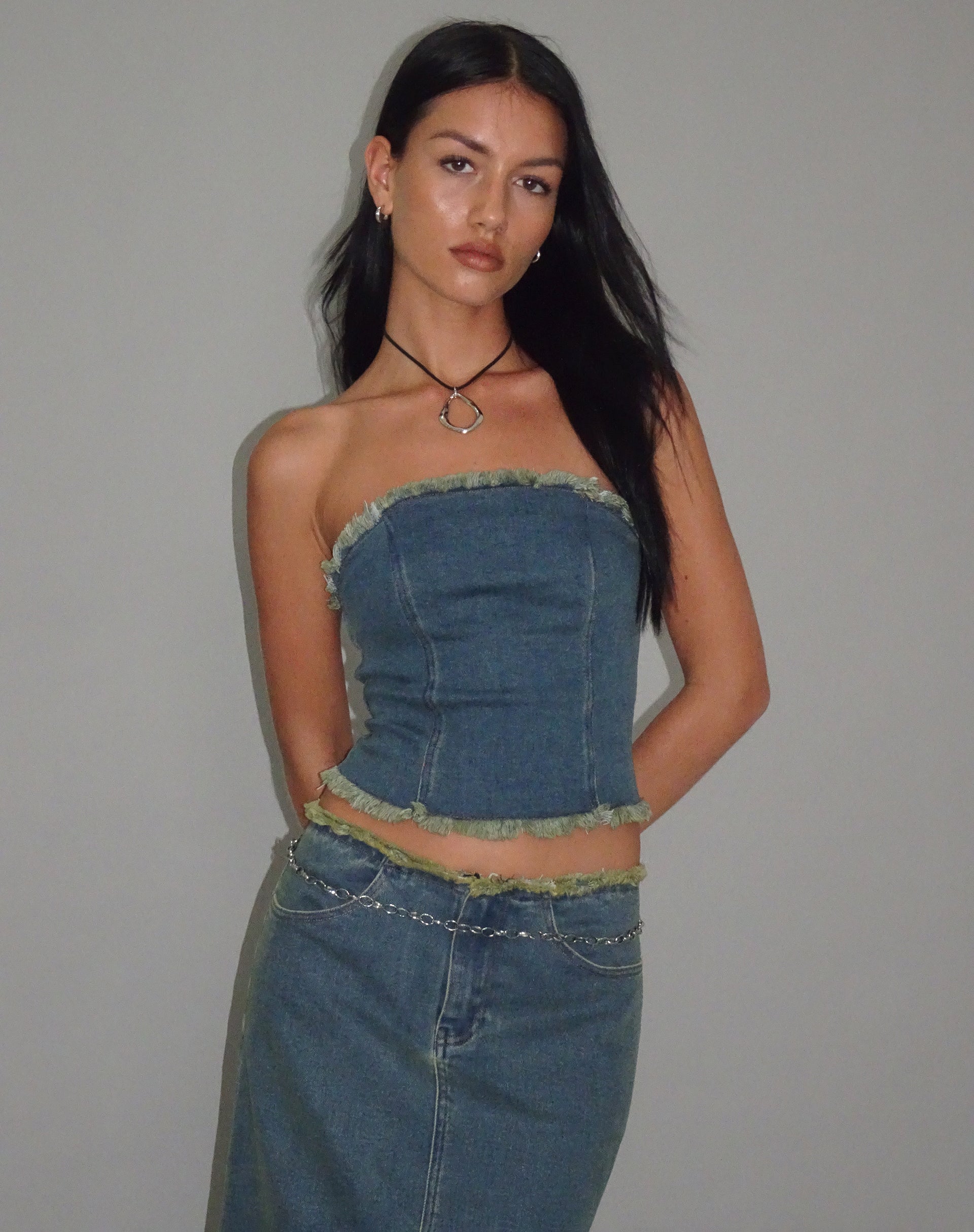 Image of Omas Denim Bandeau Top in Braun Blau Acid Wash