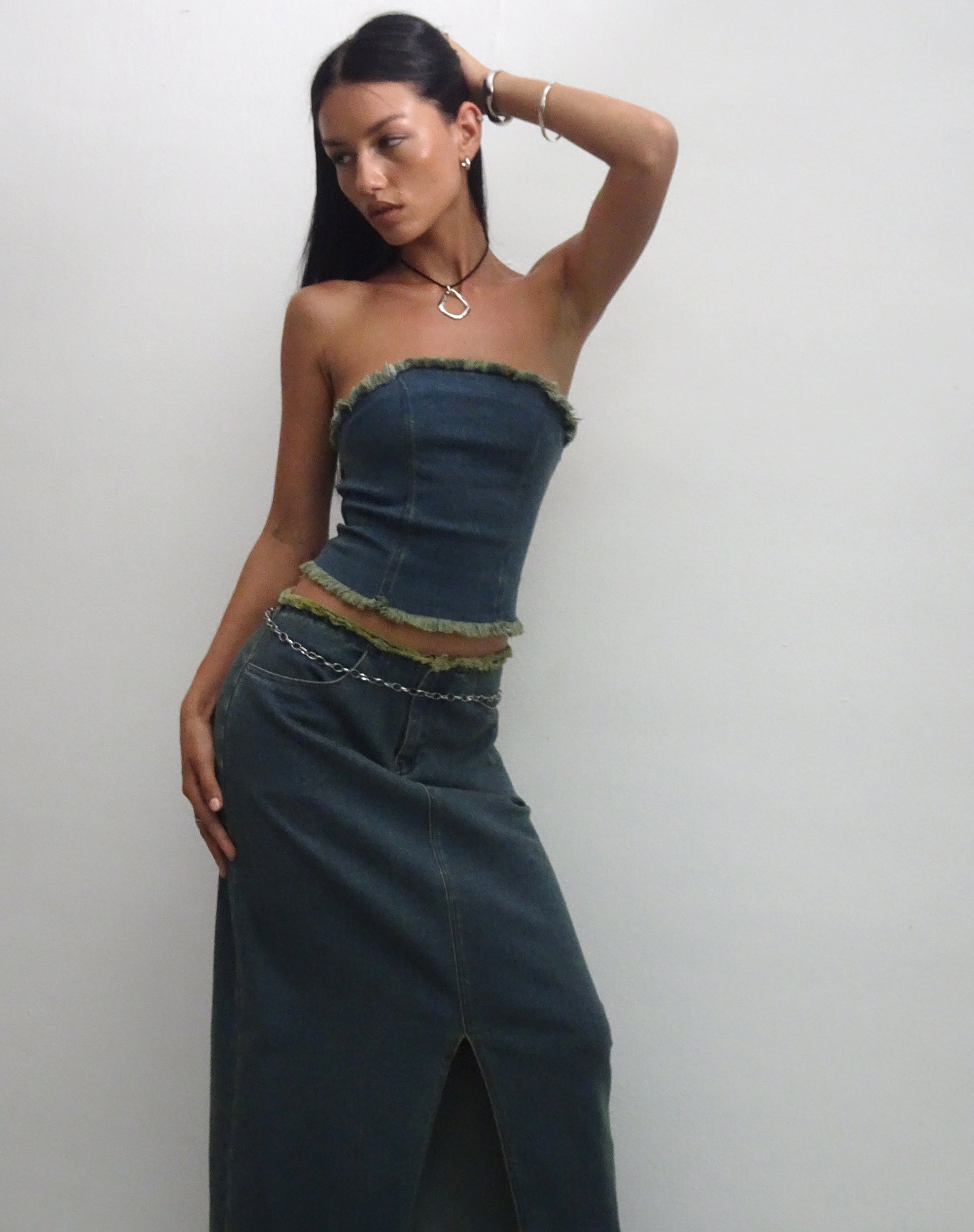 Image of Omas Denim Bandeau Top in Braun Blau Acid Wash