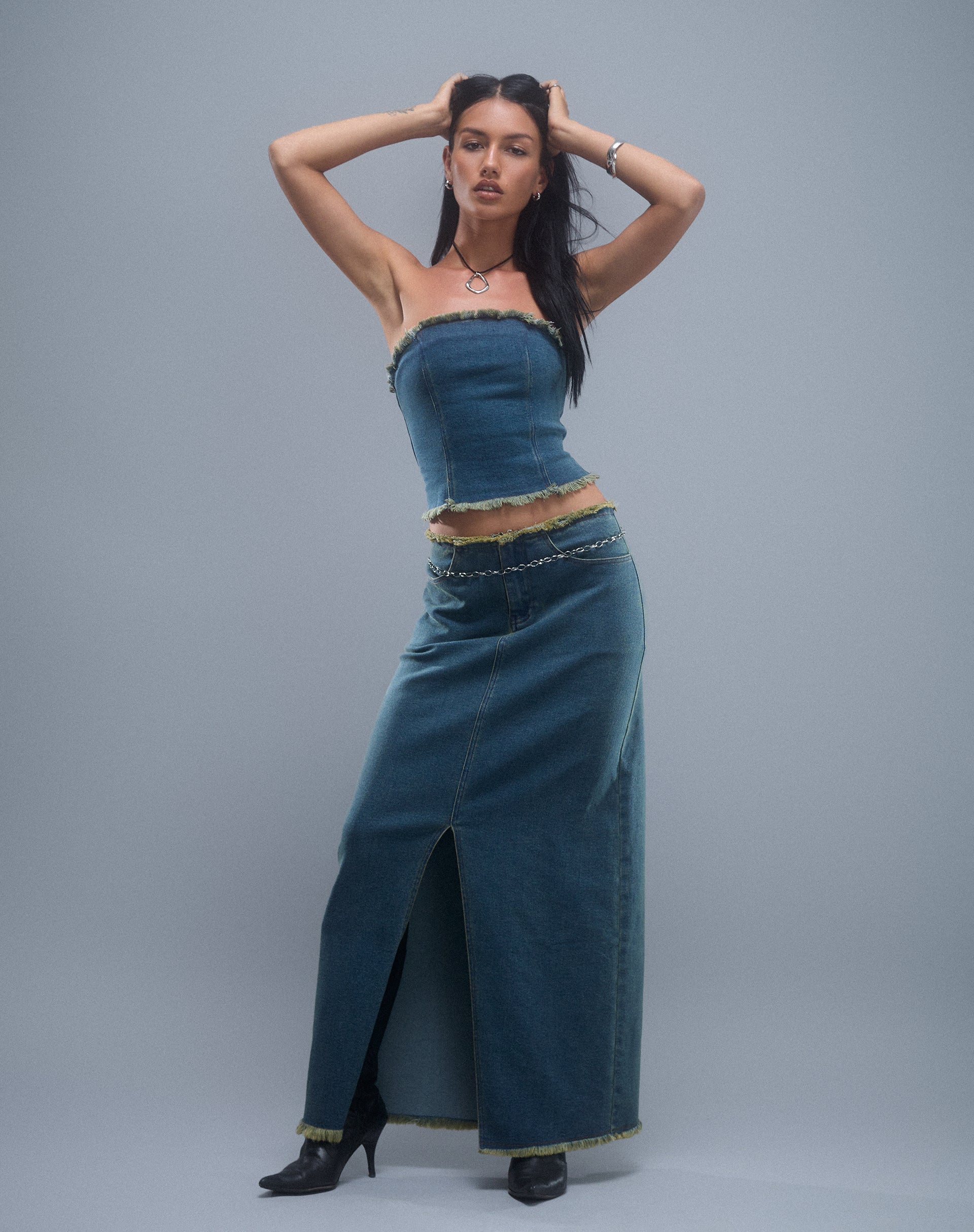 Image of Omas Denim Bandeau Top in Braun Blau Acid Wash