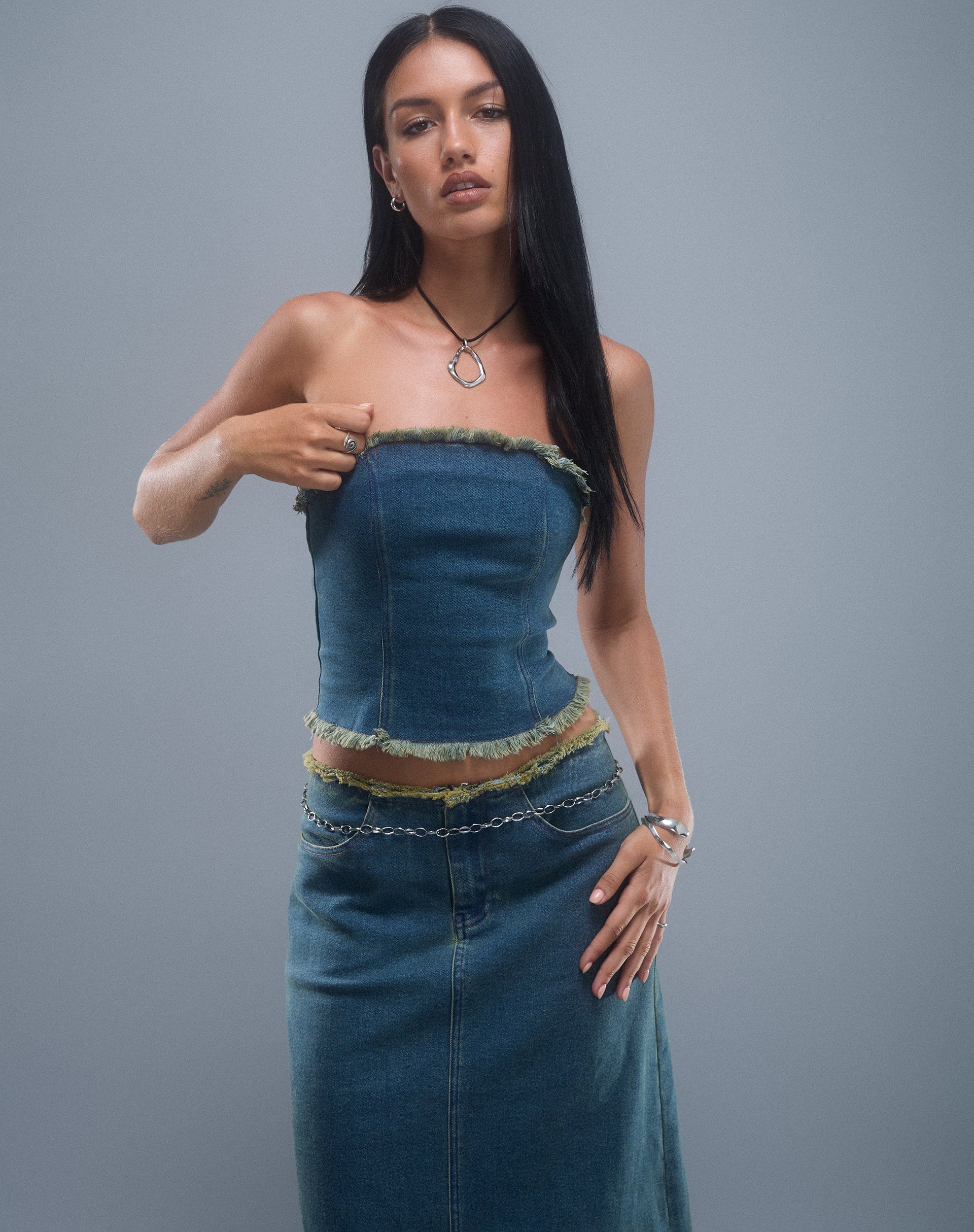 Image of Omas Denim Bandeau Top in Braun Blau Acid Wash