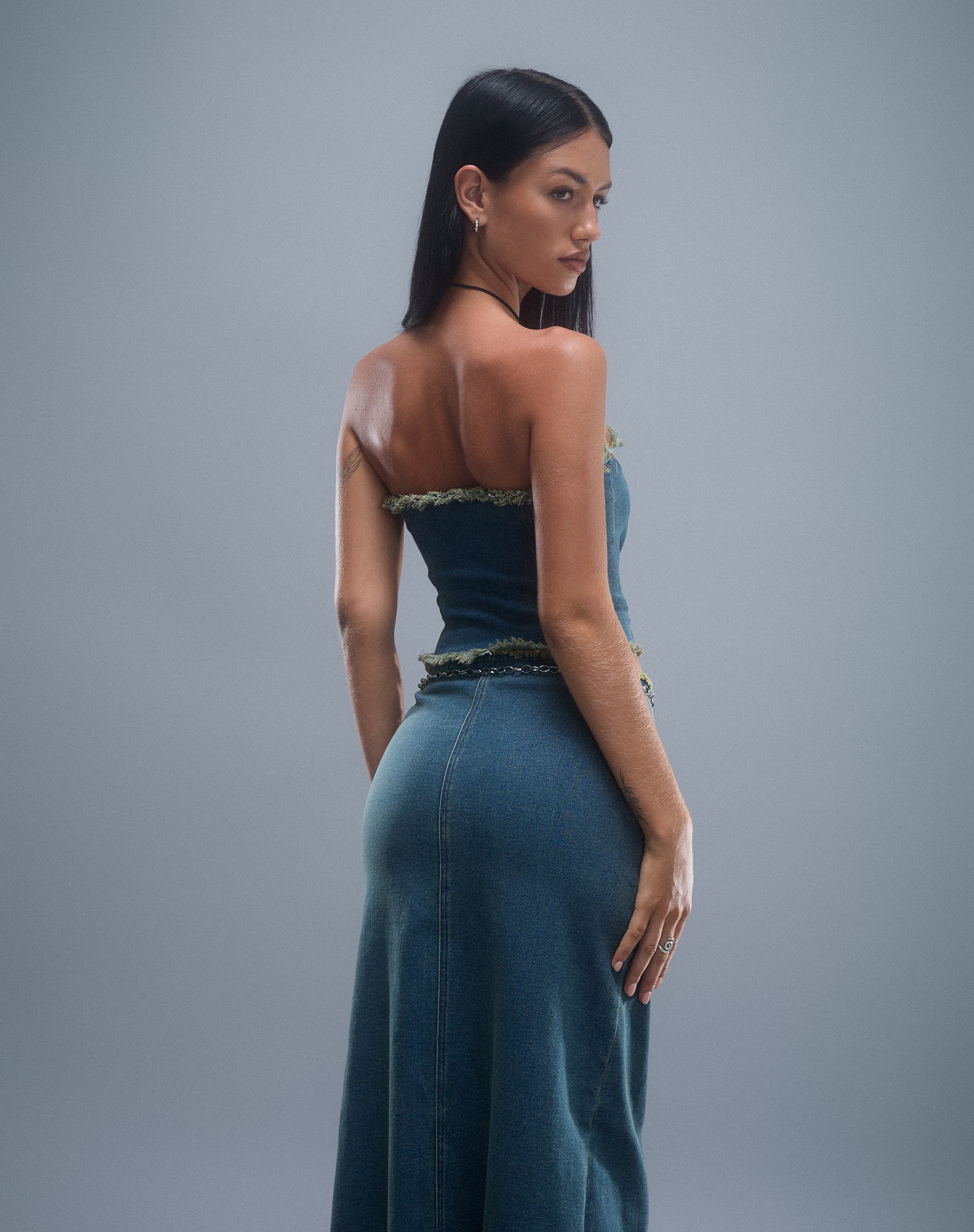 Image of Omas Denim Bandeau Top in Braun Blau Acid Wash