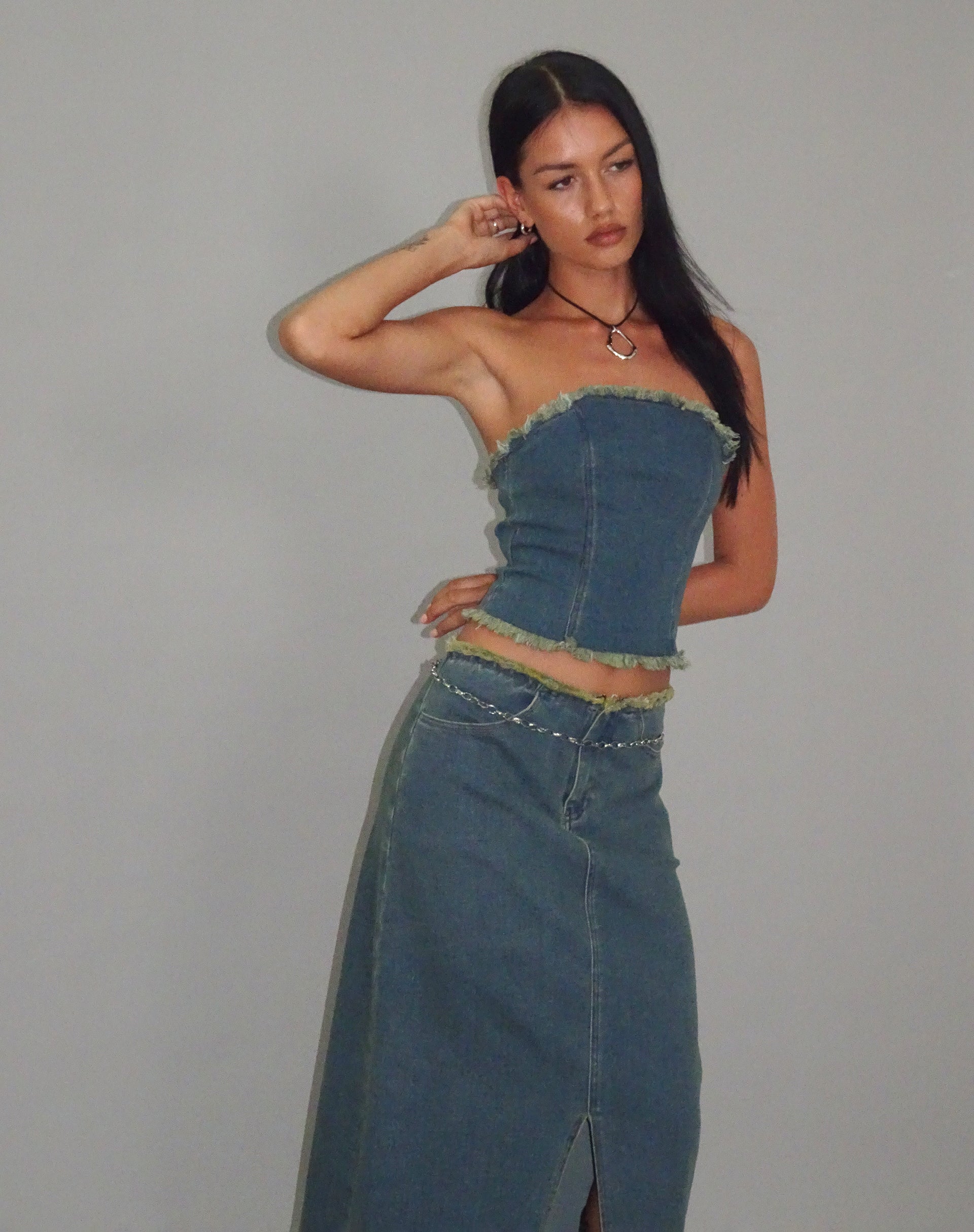 Image of Omas Denim Bandeau Top in Braun Blau Acid Wash