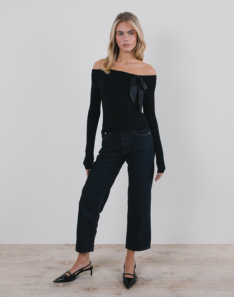 Orianne Bardot Top aus schwarzem Strick mit Satinschleife
