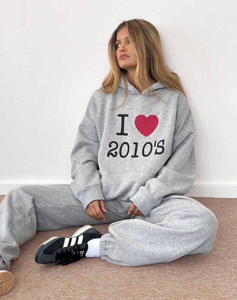 Image of Übergroßer Kapuzenpullover in Grau meliert mit I Love 2010's Druck