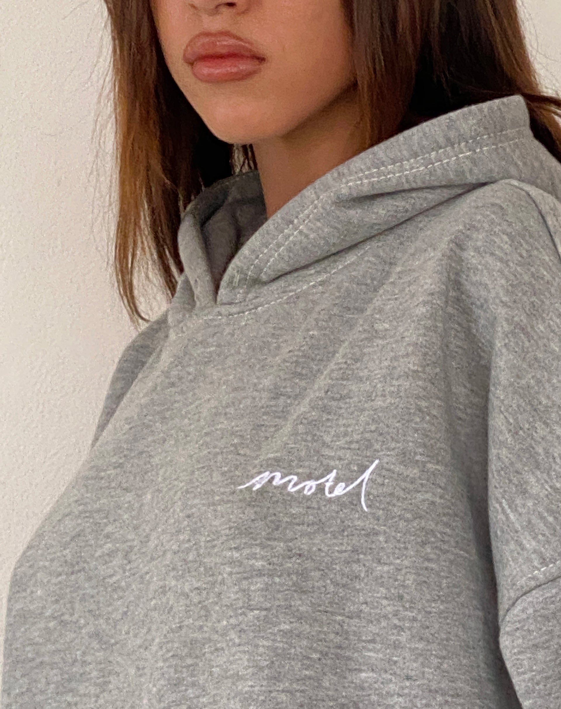 Image of Oversize-Kapuzenpulli aus grauem Mergel mit Motel-Kritzelbestickung