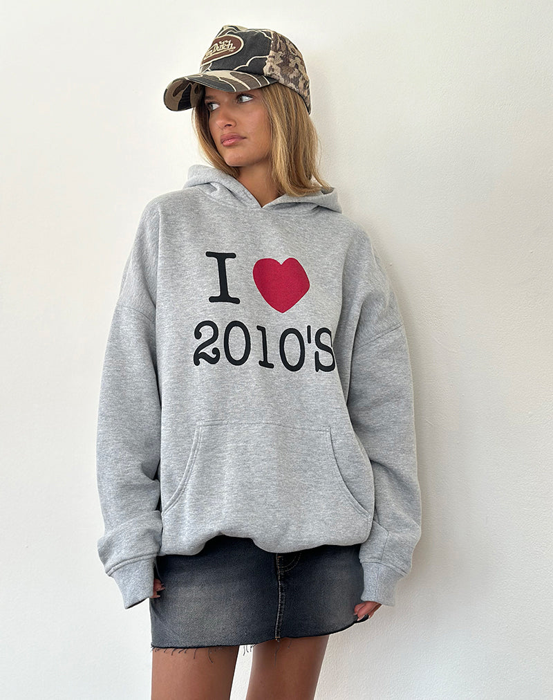 Image of Übergroßer Kapuzenpullover in Grau meliert mit I Love 2010's Druck