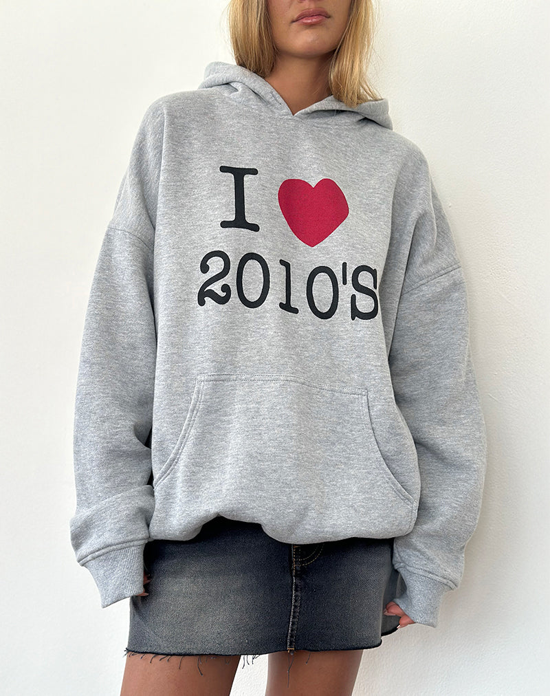 Image of Übergroßer Kapuzenpullover in Grau meliert mit I Love 2010's Druck