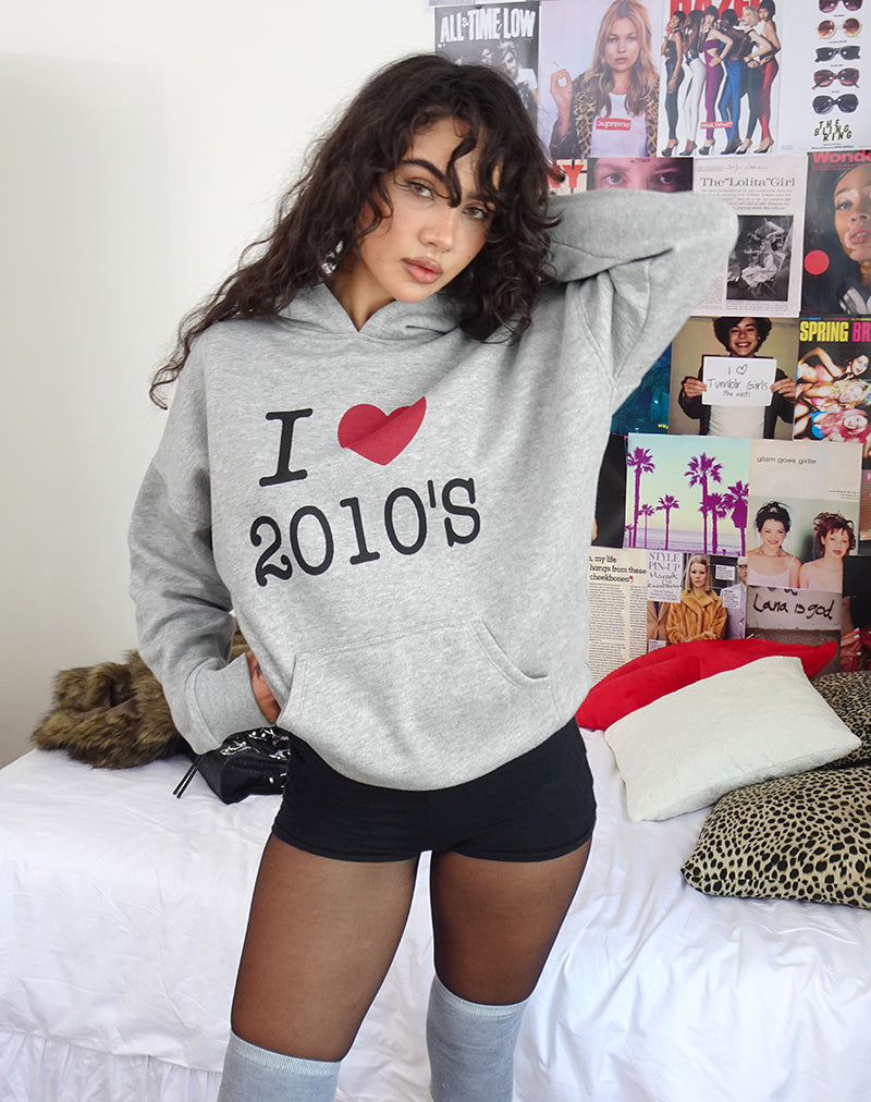 Übergroßer Kapuzenpullover in Grau meliert mit I Love 2010's Print
