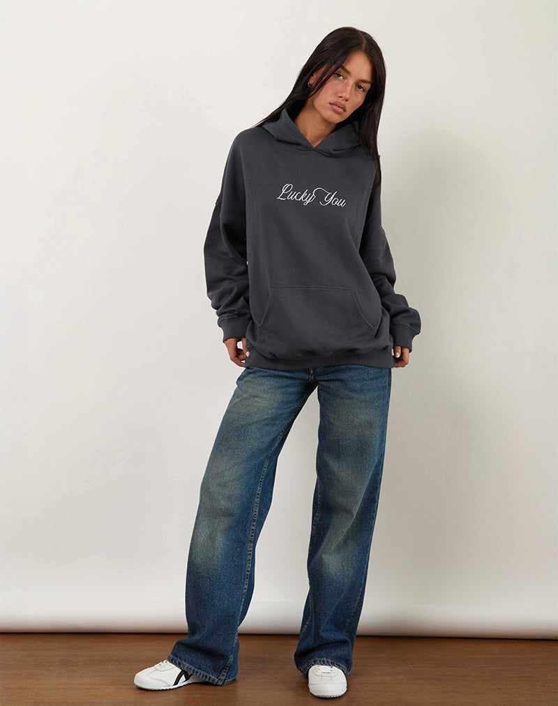 Bild von Oversized Hoodie in Ocean Storm mit Lucky You Grafik