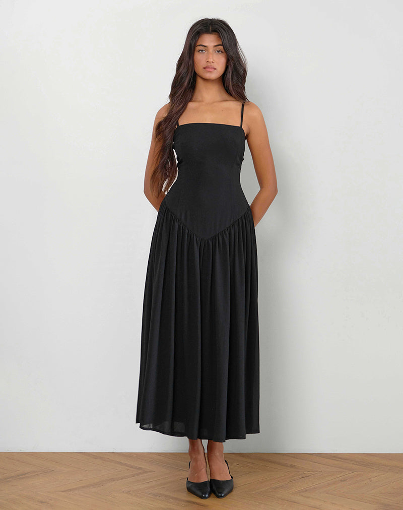 Paduri Midikleid mit fallender Taille aus Chiffon Schwarz