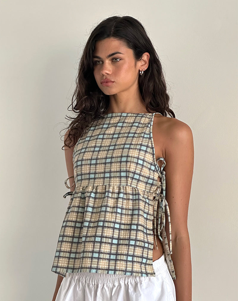 Image of Palsi Lockeres ärmelloses Top in Pastellblau Tartan