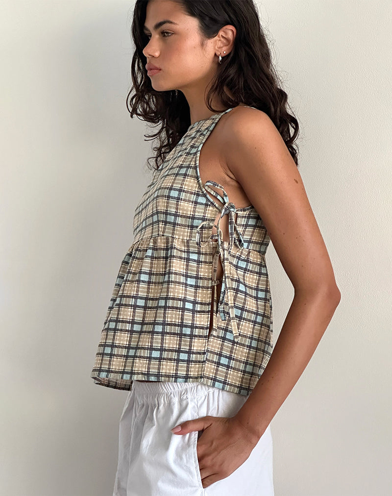 Image of Palsi Lockeres ärmelloses Top in Pastellblau Tartan