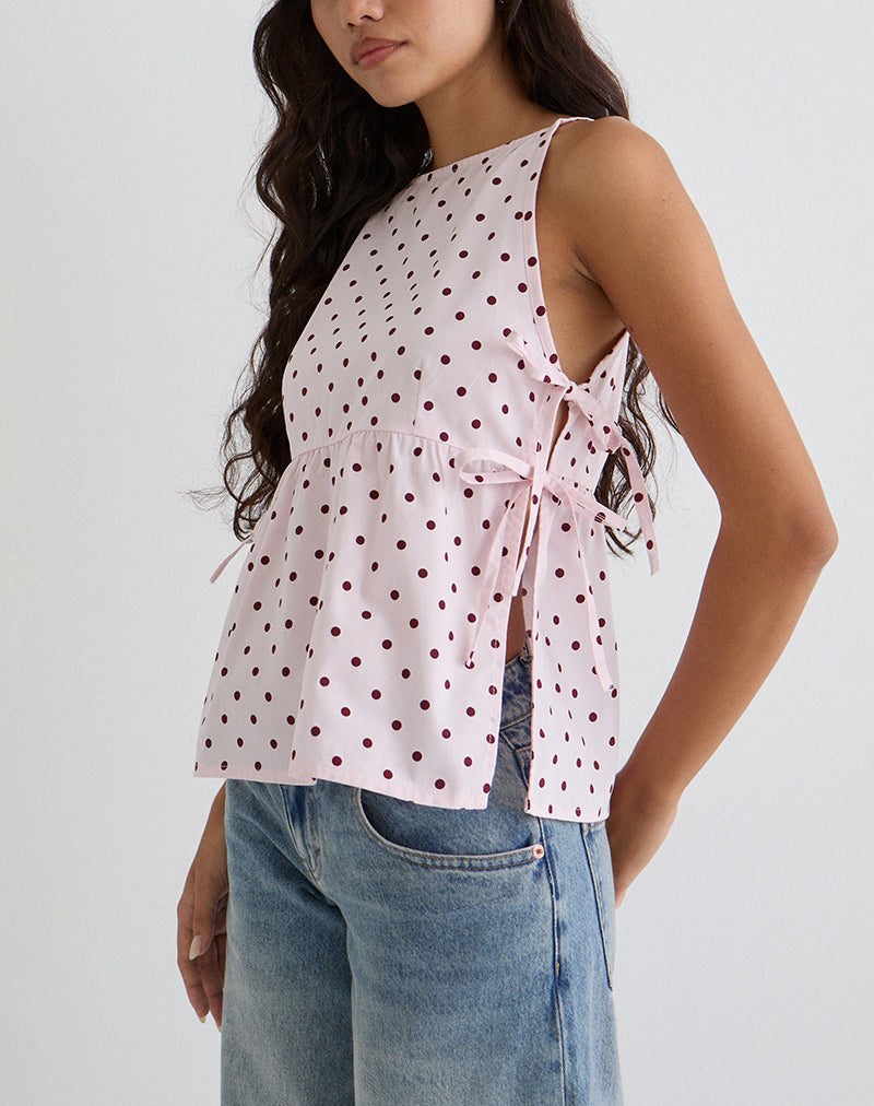 Palsi Tie Side Top in Rosa mit mittlerer Polka Rot