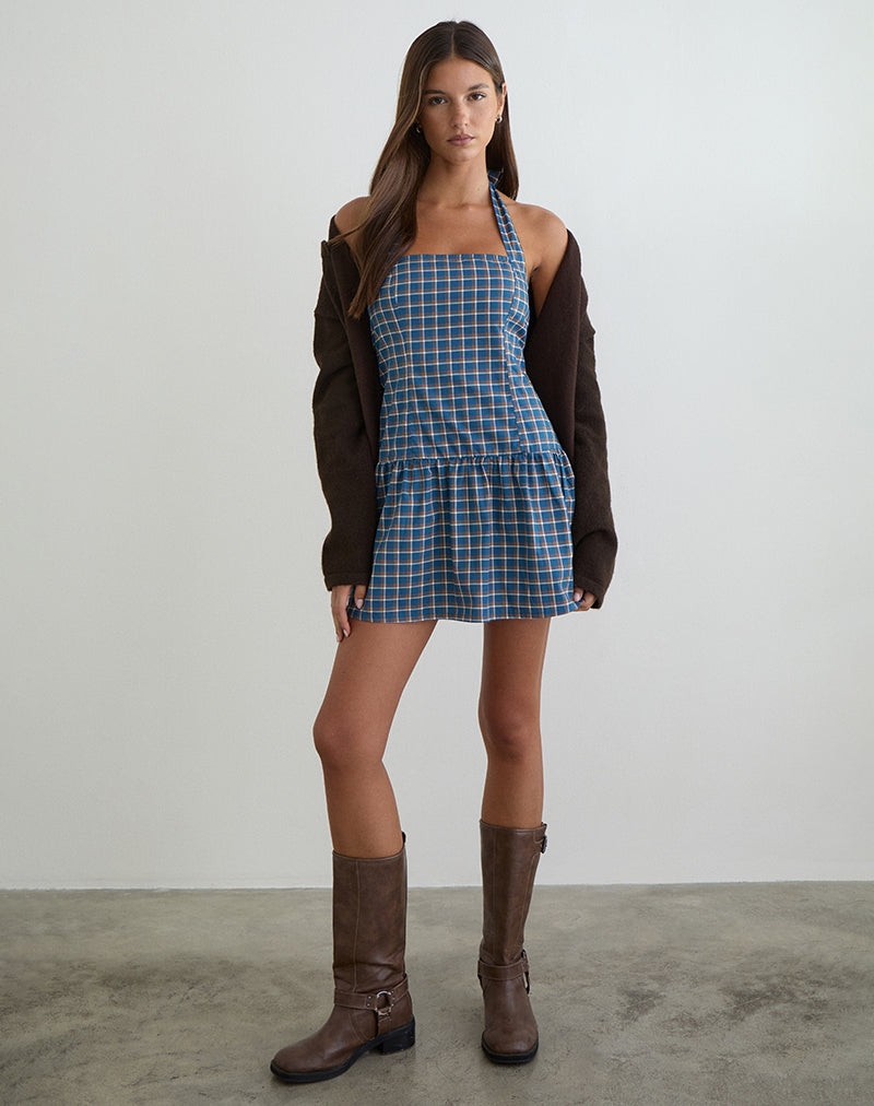 Panja Mini-Halterneck-Kleid in mittelblauem Tartan