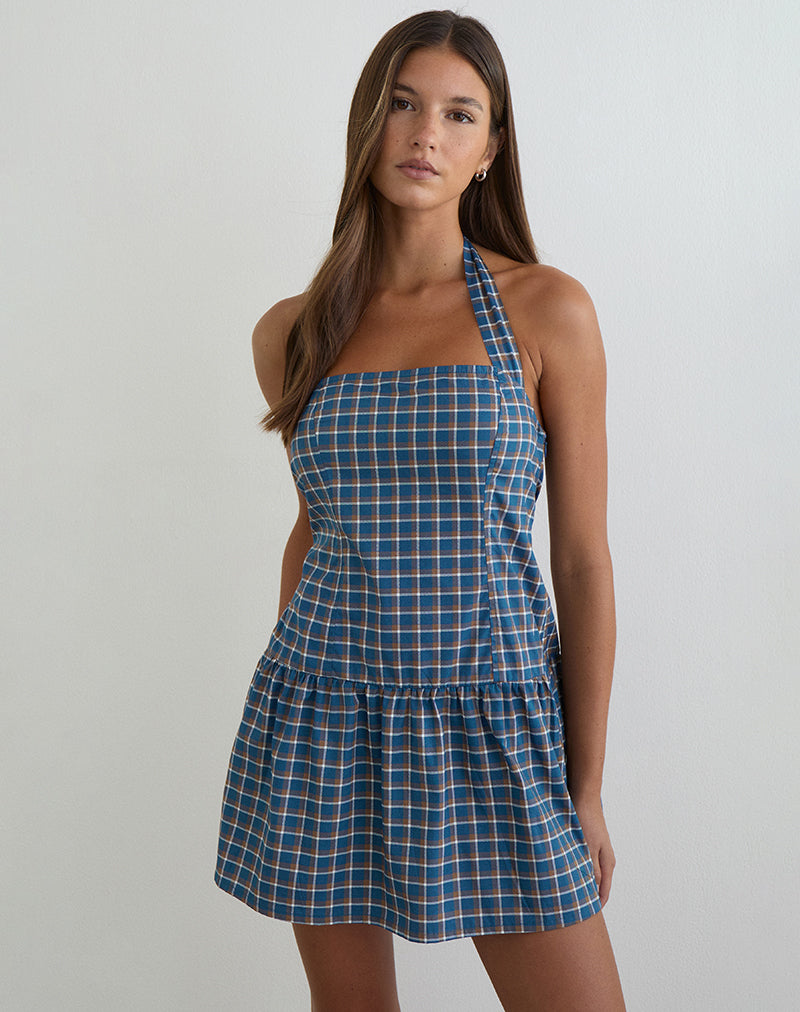 Panja Mini-Halterneck-Kleid in mittelblauem Tartan